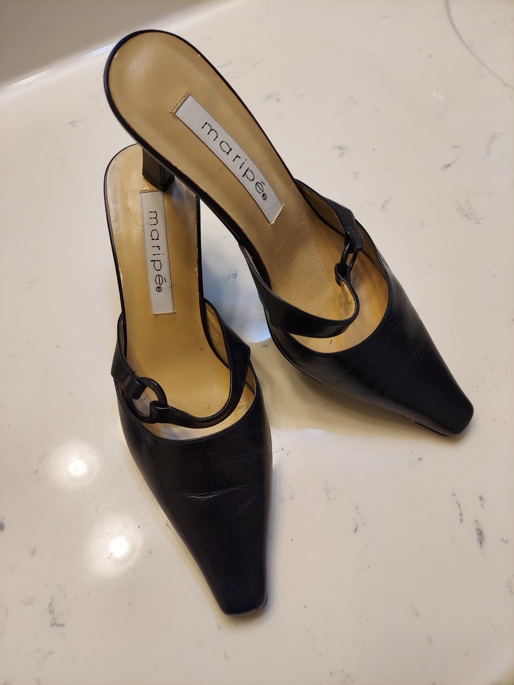 Maripe Black Leather Pointed Toe Slingback Mules